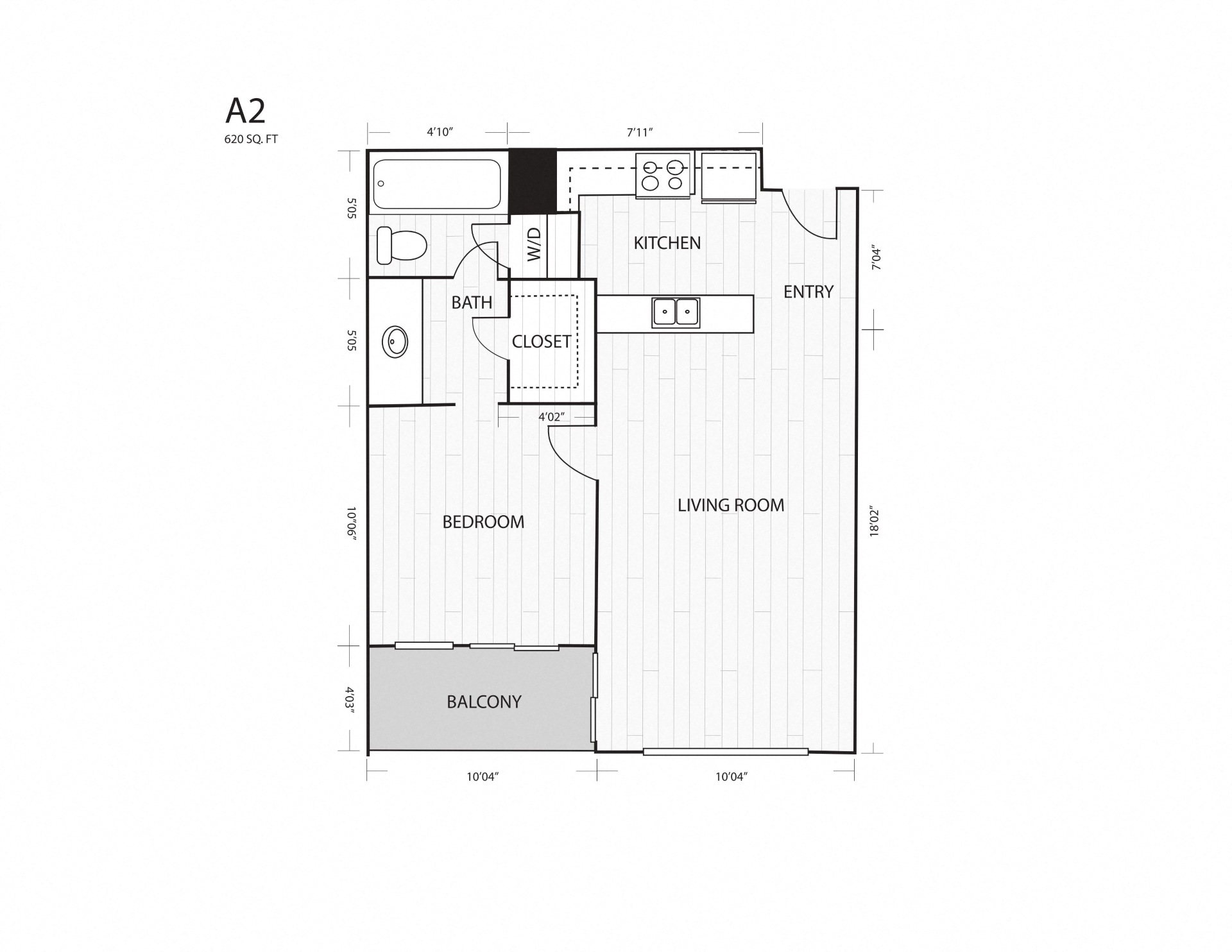 Floor plan for 1 bed, 1 bath, 620 sqft